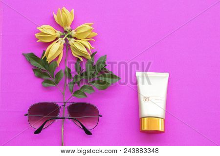 Natural Cosmetics For Skin Face Sunscreen Spf50 Of Lifestyle Woman Relax Summer With Ylang Ylang Flo