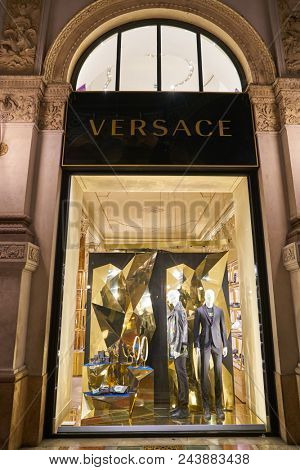 MILAN, ITALY - CIRCA NOVEMBER, 2017: display window at Versace shop in Milan. Versace is an Italian luxury fashion company and trade name founded by Gianni Versace.