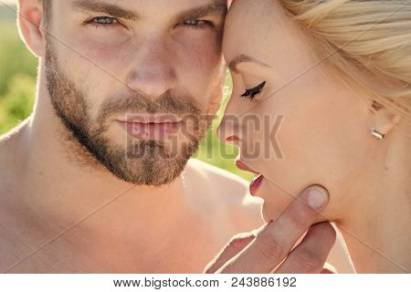 Couple In Love. Love And Romance. Muscular Man And Woman With Long Blond Hair, Love. Relations Of Ha