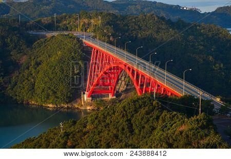 Red Bridge With Ise Bay At Summer Day In Mie Prefecture, Japan.