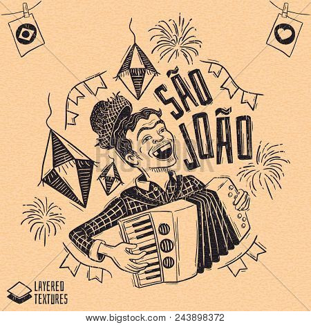 June Party - Saint John - Woodcut Style Happy Peasant Playing The Accordion
