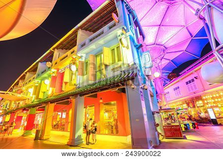 Singapore - May 5, 2018: Street View And Colorful Futuristic Umbrellas Ceiling Of Clarke Quay, An Hi