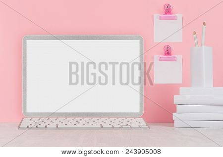 School Template -  White Books, Stationery, Blank Stickers And Notebook Computer On White Desk And S