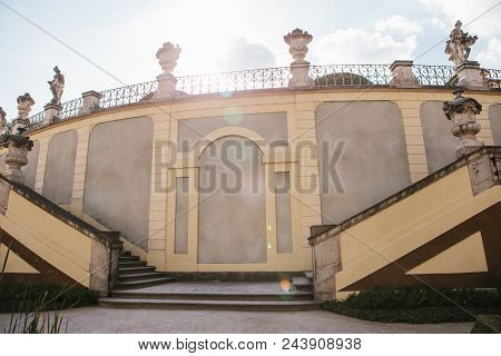 Beautiful Medieval Staircase With Prague In The Czech Republic On A Hot Summer Sunny Day.