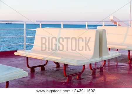 Piombino Channel Crossing With Ferry Boat In Summer