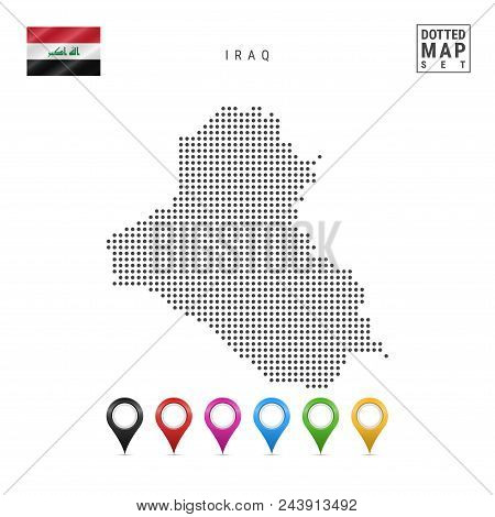 Dotted Map Of Iraq. Simple Silhouette Of Iraq. The National Flag Of Iraq. Set Of Multicolored Map Ma