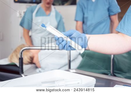 Nurse giving anesthesia to patient waiting for endoscopy examination in hospital
