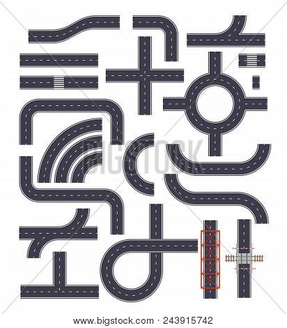 Collection Of Isolated Connectable Highway Elements. Street Roads With Footpaths, Crossroads And Rai