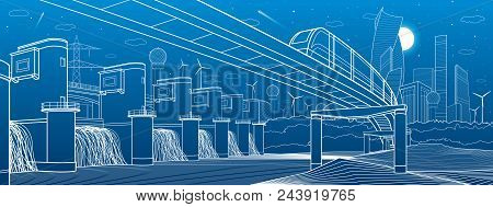 Urban Infrastructure And Transport Illustration. Monorail Bridge Across The Mountains. Modern City A
