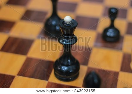 Chess Board With Pieces. Chessmate Position. Black And White Image