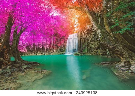 Waterfall In Deep Forest At Erawan Waterfall National Park