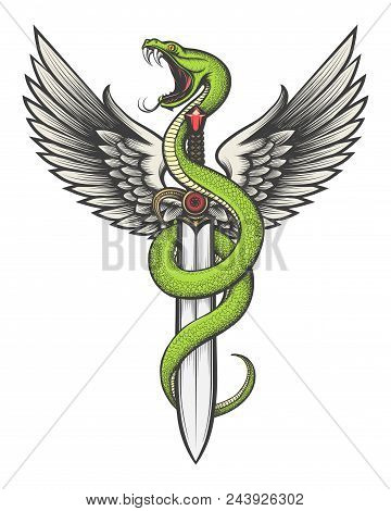 Snake With Wings And Sword Drawn In Tattoo Style. Vector Illustration.