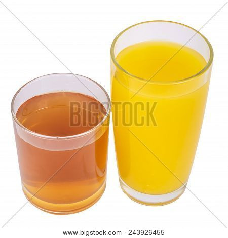 Two Glass Transparent Glasses Of Fresh Orange And Apple Juice Isolated On White Background Isolate