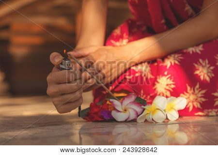 Woman Holding Canang Sari - Offering For Gods. Balinese Tradition.