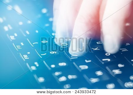Internet Crime Concept. Hacker Working On A Code On Dark Digital Background With Digital Interface A