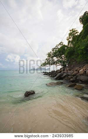Beautiful Sea With The Tree, Rocks, And Sand