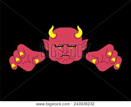 Red Devil Face. Heck Portrait. Satan Head. Demon Of Underworld. Vector Illustration