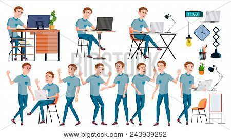 Office Worker Vector. Face Emotions, Various Gestures. Adult Entrepreneur Business Man. Happy Clerk,