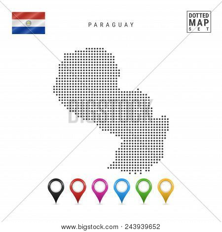 Dotted Map Of Paraguay. Simple Silhouette Of Paraguay. The National Flag Of Paraguay. Set Of Multico