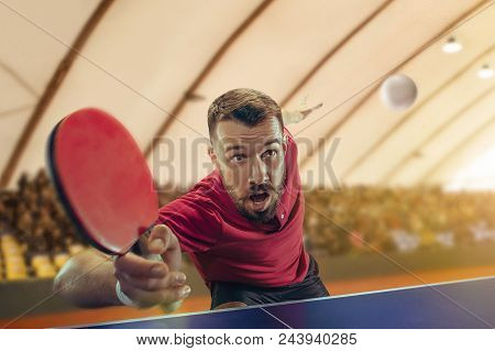The Table Tennis Player In Motion. Fit Young Sports Man Tennis-player In Play On Sport Arena Backgro