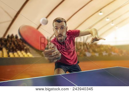 The Table Tennis Player In Motion. Fit Young Sports Man Tennis-player In Play On Sport Arena Backgro