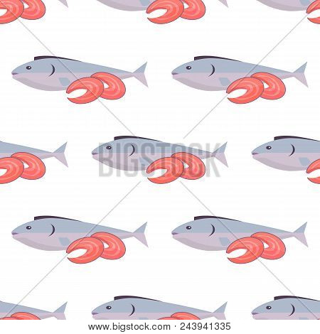 Fish And Shrimps Seamless Pattern On White Background. Endless Texture With Sea Products, Marine Del