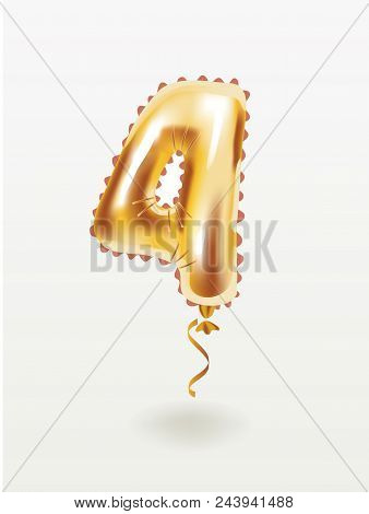 Vector Cartoon Illustration Of Golden 4 Number Four Metallic Balloon. Party Decoration Golden Balloo