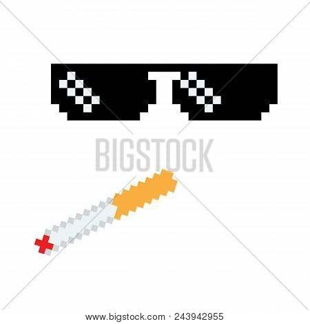 Glasses Pixel Vector Icon Pixel Art Boss Or Gangster Glasses Of Thug Life Meme And Smoke. Illustrate