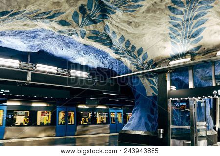 Sweden, Stockholm - Aprl 27, 2018: Modern Designed Colorful Metro Station T Centralen In Stockholm, 