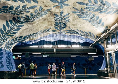 Sweden, Stockholm - Aprl 27, 2018: Modern Designed Colorful Metro Station T Centralen In Stockholm, 