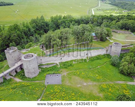 Aerial Drone View At The Ancient Destroyed Fortress Koporye. Near St. Petersburg. Russia.