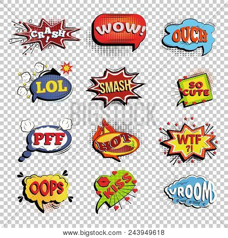 Set Of Comic Speech Bubbles. Onomatopoeic Expressions: Lol And Cool, Bang And Wtf, Oooh And Oops, Vr