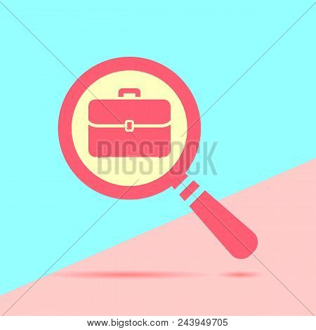 Modern Red Magnifying Glass With Flat Portfolio Briefcase Icon On Blue And Pink Pastel Colored Backg