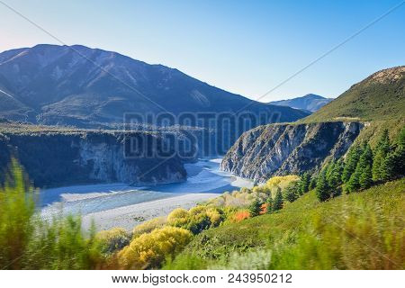 Mountain Canyon And River Landscape In New Zealand Alps