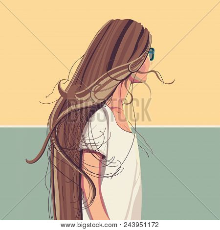 Pretty Girl With Long Hair In White T-shirt And Sunglasses Vector Illustration