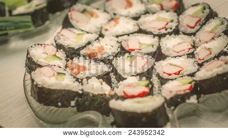 Sushi Set Sashimi And Sushi Rolls, Maki