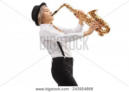 Female jazz musician playing a saxophone isolated on white background
