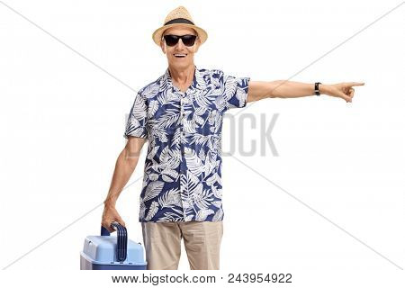 Elderly tourish holding a cooling box and pointing isolated on white background