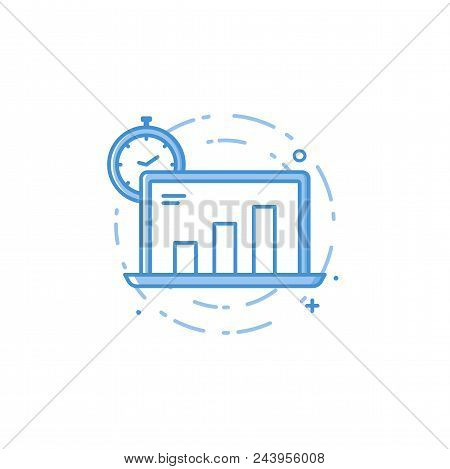 Vector Business Illustration Of Blue Colors Notebook Compute With Statistisc, Stopwatch In Filed Lin