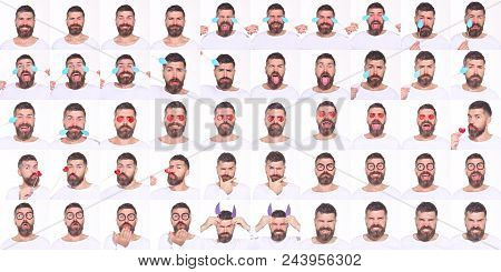 Emoji. Collage Of Emotions. Different Emotions. Emotion Set Of Bearded Man. Feeling And Emotions. Em