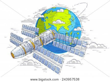 Space Station Flying Orbital Flight Around Earth, Spacecraft Spaceship Iss With Solar Panels, Artifi
