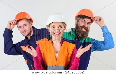 Team And Leadership Concept. Team Of Architects, Builders, Labourers Peeking Behind Leader Isolated 