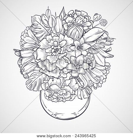 Illustration, Bouquet Of Flowers Of Marygold And Bluebells In A Round Vase, Hand-drawn Sketch