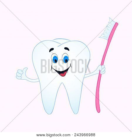 Cheerful Cartoon Tooth Holding A Toothbrush In Hands