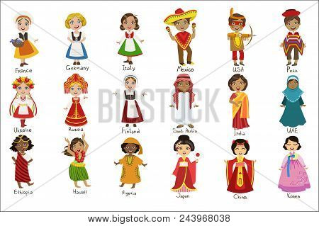 Kids In National Costumes Set Of Cute Bright Color Childish Design Vector Illustrations Isolated On 