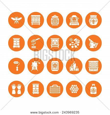 Beekeeping, Apiculture Flat Glyph Icons. Equipment, Honey Processing, Honeybee, Beehives, Natural Pr