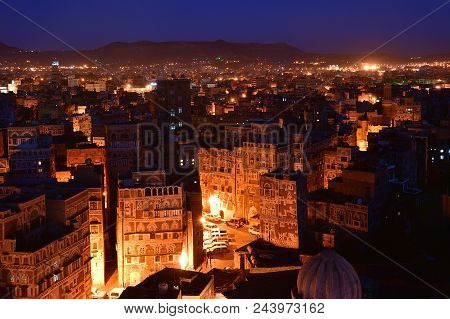 The Capital Of Yemen. View On The Old City From Roof At Night