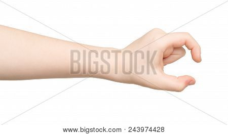 Kid Hand Measuring Invisible Items, Child Palm Making Gesture While Showing Small Amount Of Somethin