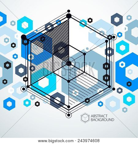Lines And Shapes Abstract Vector Isometric 3d Blue Background. Abstract Scheme Of Engine Or Engineer