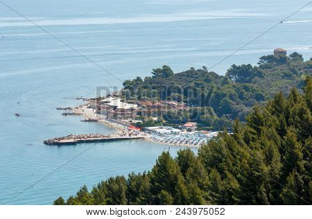 Portonovo, Italy - June 04, 2017: Summer Adriatic Sea Bay And Spiaggia Mezzavalle Beach Near Portono